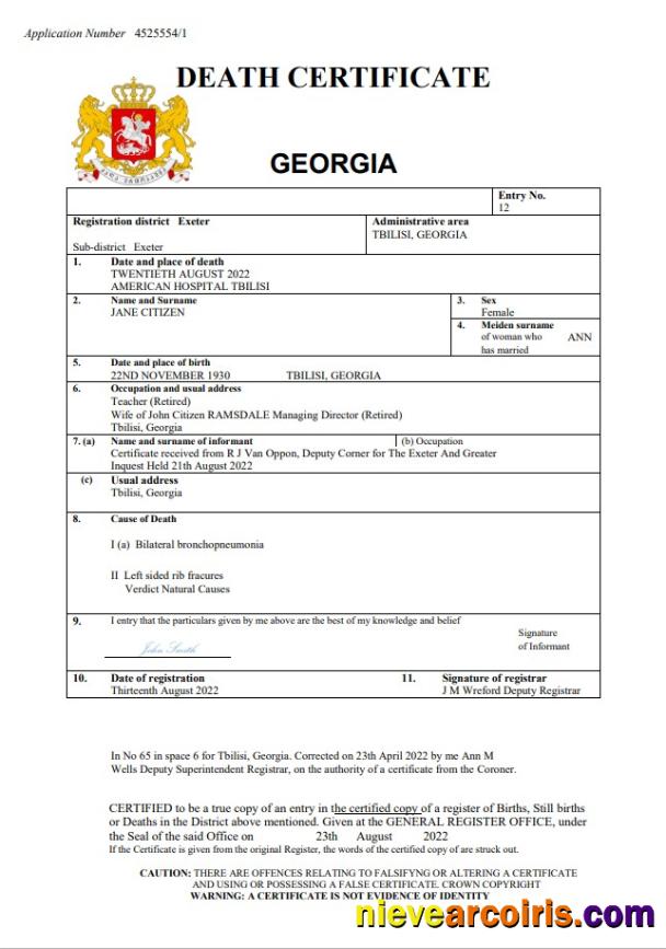 Georgia vital record death certificate